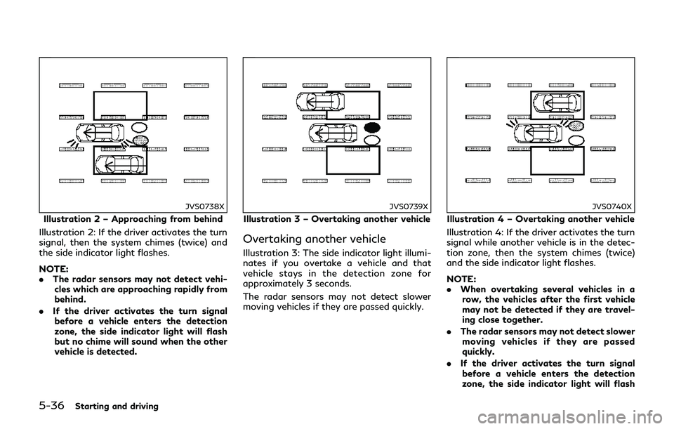INFINITI Q70-HYBRID 2018 Owners Manual 5-36Starting and driving
JVS0738X
Illustration 2 – Approaching from behind
Illustration 2: If the driver activates the turn
signal, then the system chimes (twice) and
the side indicator light flashe INFINITI Q70-HYBRID 2018 Owners Manual 5-36Starting and driving
JVS0738X
Illustration 2 – Approaching from behind
Illustration 2: If the driver activates the turn
signal, then the system chimes (twice) and
the side indicator light flashe
