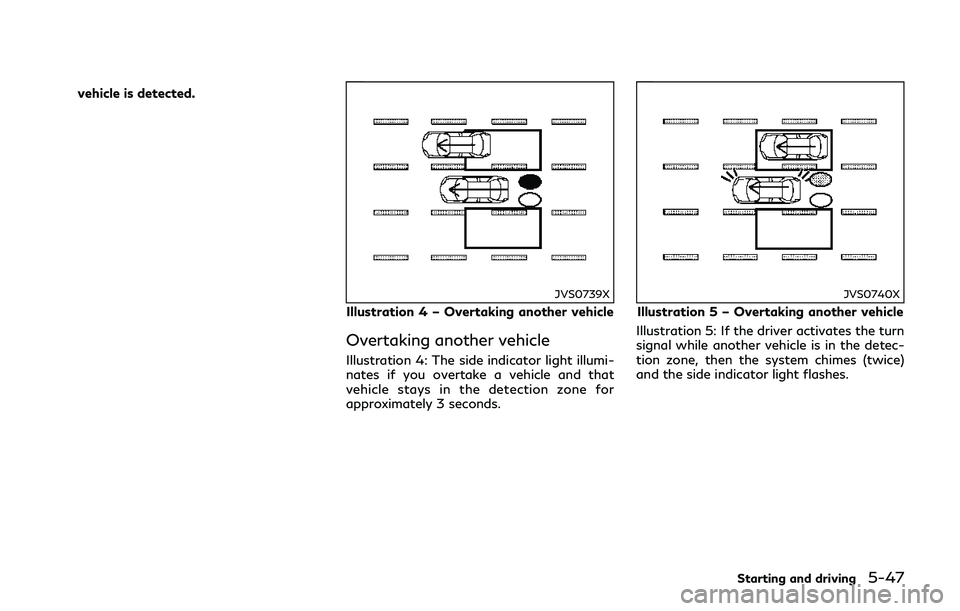 INFINITI Q70-HYBRID 2018 Owners Manual vehicle is detected.
JVS0739X
Illustration 4 – Overtaking another vehicle
Overtaking another vehicle
Illustration 4: The side indicator light illumi-
nates if you overtake a vehicle and that
vehicle INFINITI Q70-HYBRID 2018 Owners Manual vehicle is detected.
JVS0739X
Illustration 4 – Overtaking another vehicle
Overtaking another vehicle
Illustration 4: The side indicator light illumi-
nates if you overtake a vehicle and that
vehicle
