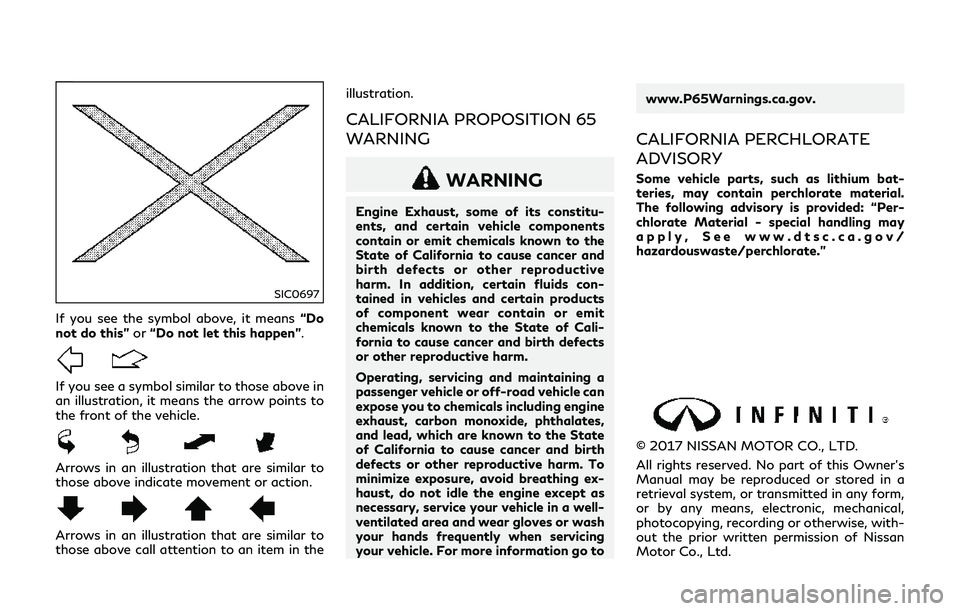 INFINITI Q70-HYBRID 2018  Owners Manual SIC0697
If you see the symbol above, it means“Do
not do this” or“Do not let this happen”.
If you see a symbol similar to those above in
an illustration, it means the arrow points to
the front 