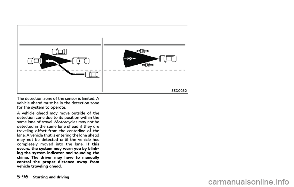 INFINITI Q70-HYBRID 2018 Owners Manual 5-96Starting and driving
SSD0252
The detection zone of the sensor is limited. A
vehicle ahead must be in the detection zone
for the system to operate.
A vehicle ahead may move outside of the
detection INFINITI Q70-HYBRID 2018 Owners Manual 5-96Starting and driving
SSD0252
The detection zone of the sensor is limited. A
vehicle ahead must be in the detection zone
for the system to operate.
A vehicle ahead may move outside of the
detection
