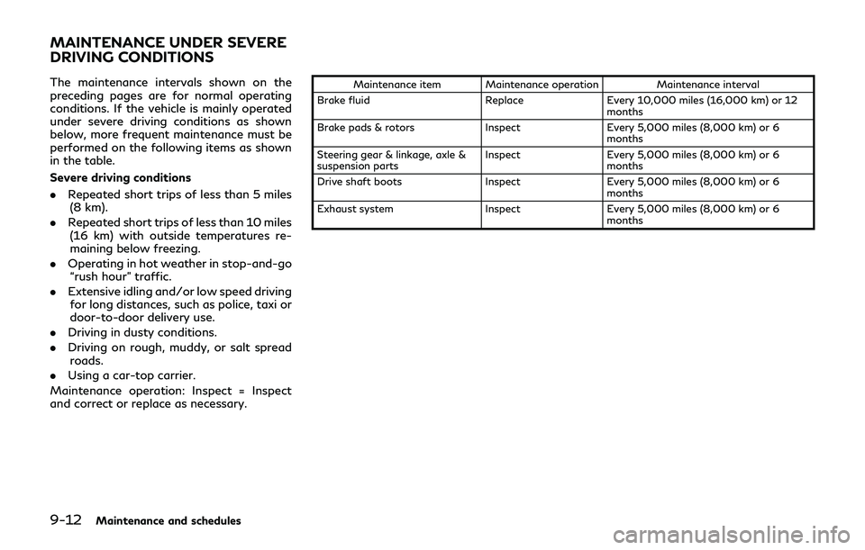INFINITI Q70-HYBRID 2018  Owners Manual 9-12Maintenance and schedules
The maintenance intervals shown on the
preceding pages are for normal operating
conditions. If the vehicle is mainly operated
under severe driving conditions as shown
bel