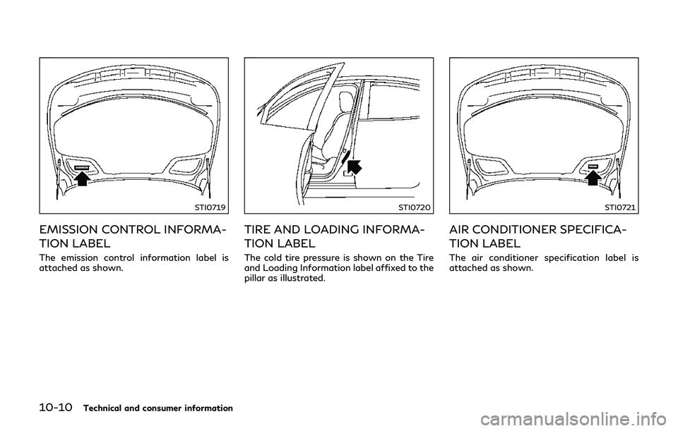 INFINITI Q70-HYBRID 2018  Owners Manual 10-10Technical and consumer information
STI0719
EMISSION CONTROL INFORMA-
TION LABEL
The emission control information label is
attached as shown.
STI0720
TIRE AND LOADING INFORMA-
TION LABEL
The cold 