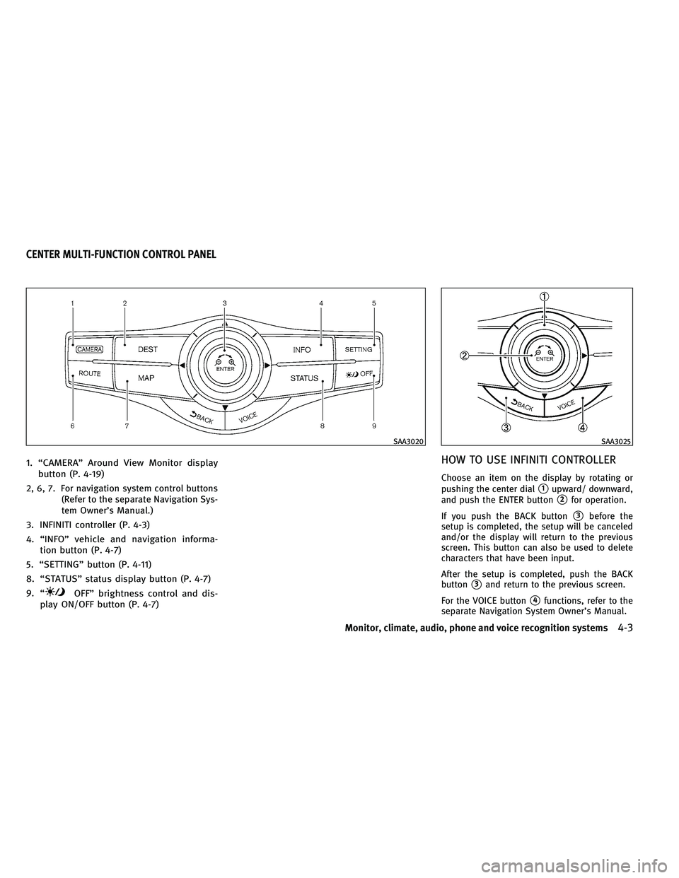 INFINITI QX 2011 Owners Manual 1. “CAMERA” Around View Monitor displaybutton (P. 4-19)
2, 6, 7. For navigation system control buttons (Refer to the separate Navigation Sys-
tem Owner’s Manual.)
3. INFINITI controller (P. 4-3) INFINITI QX 2011 Owners Manual 1. “CAMERA” Around View Monitor displaybutton (P. 4-19)
2, 6, 7. For navigation system control buttons (Refer to the separate Navigation Sys-
tem Owner’s Manual.)
3. INFINITI controller (P. 4-3)