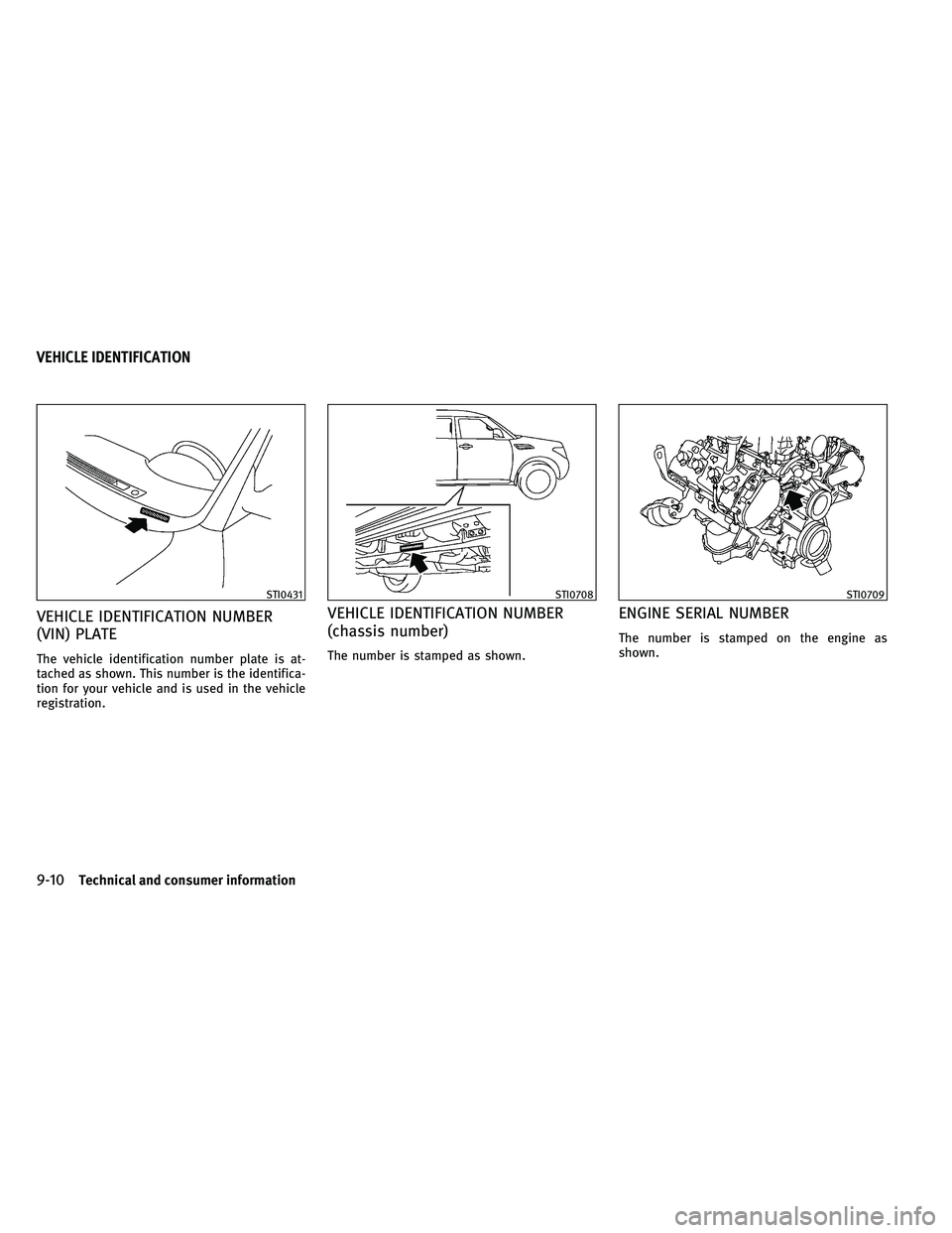 INFINITI QX 2011  Owners Manual VEHICLE IDENTIFICATION NUMBER
(VIN) PLATE
The vehicle identification number plate is at-
tached as shown. This number is the identifica-
tion for your vehicle and is used in the vehicle
registration.
