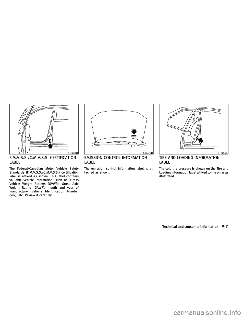 INFINITI QX 2011  Owners Manual F.M.V.S.S./C.M.V.S.S. CERTIFICATION
LABEL
The Federal/Canadian Motor Vehicle Safety
Standards (F.M.V.S.S./C.M.V.S.S.) certification
label is affixed as shown. This label contains
valuable vehicle info