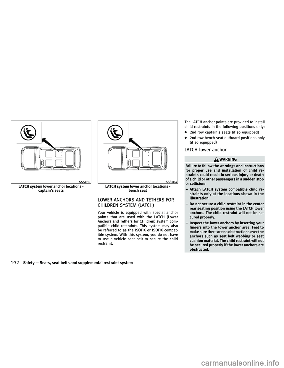 INFINITI QX 2011 Workshop Manual LOWER ANCHORS AND TETHERS FOR
CHILDREN SYSTEM (LATCH)
Your vehicle is equipped with special anchor
points that are used with the LATCH (Lower
Anchors and Tethers for CHildren) system com-
patible chil