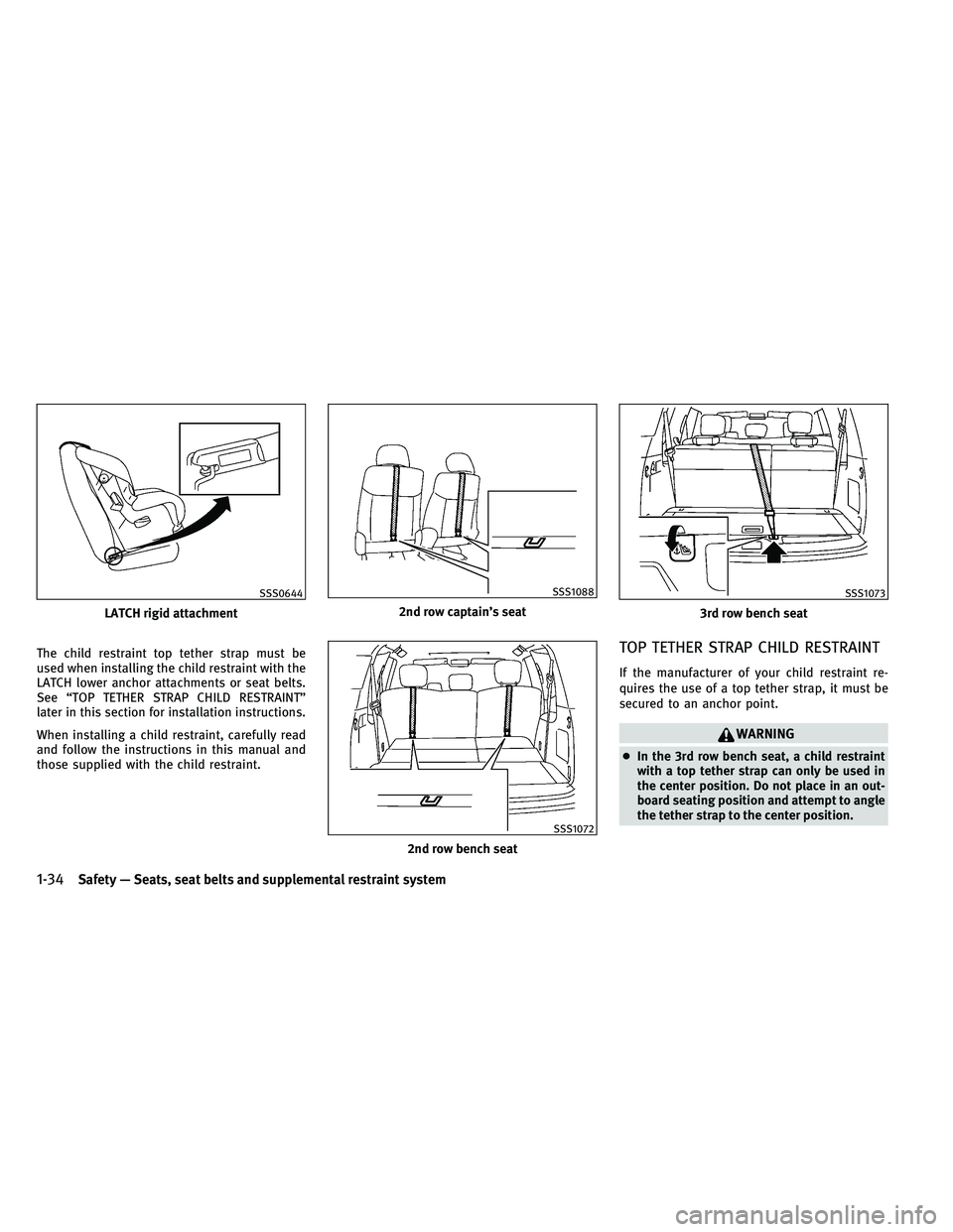 INFINITI QX 2011 Workshop Manual The child restraint top tether strap must be
used when installing the child restraint with the
LATCH lower anchor attachments or seat belts.
See “TOP TETHER STRAP CHILD RESTRAINT”
later in this se
