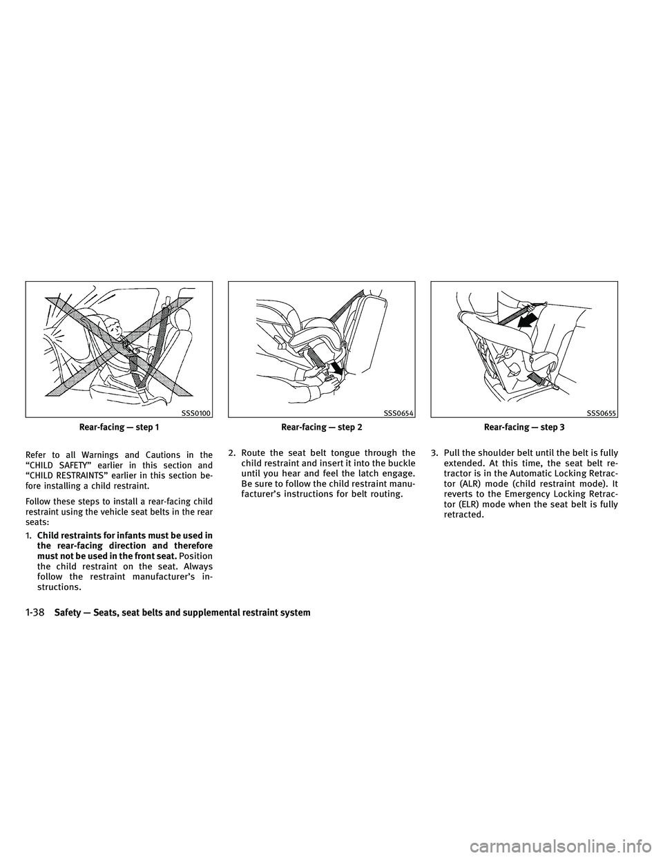 INFINITI QX 2011 Workshop Manual Refer to all Warnings and Cautions in the
“CHILD SAFETY” earlier in this section and
“CHILD RESTRAINTS” earlier in this section be-
fore installing a child restraint.
Follow these steps to ins