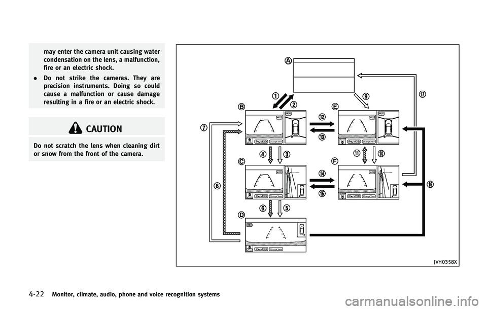 INFINITI QX 2013 Owners Manual 4-22Monitor, climate, audio, phone and voice recognition systems
may enter the camera unit causing water
condensation on the lens, a malfunction,
fire or an electric shock.
. Do not strike the cameras INFINITI QX 2013 Owners Manual 4-22Monitor, climate, audio, phone and voice recognition systems
may enter the camera unit causing water
condensation on the lens, a malfunction,
fire or an electric shock.
. Do not strike the cameras