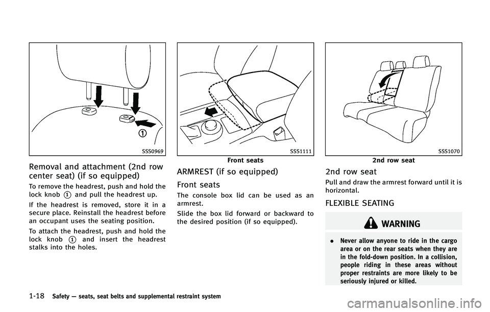 INFINITI QX 2013 Owners Guide 1-18Safety—seats, seat belts and supplemental restraint system
SSS0969
Removal and attachment (2nd row
center seat) (if so equipped)
To remove the headrest, push and hold the
lock knob
*1and pull th