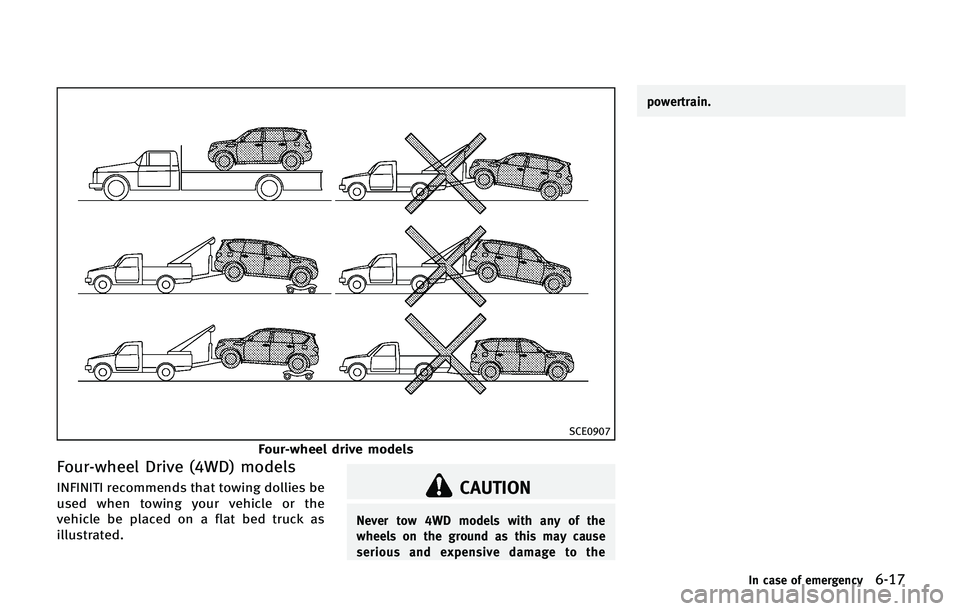 INFINITI QX 2013 Owners Manual SCE0907
Four-wheel drive models
Four-wheel Drive (4WD) models
INFINITI recommends that towing dollies be
used when towing your vehicle or the
vehicle be placed on a flat bed truck as
illustrated.CAUTI INFINITI QX 2013 Owners Manual SCE0907
Four-wheel drive models
Four-wheel Drive (4WD) models
INFINITI recommends that towing dollies be
used when towing your vehicle or the
vehicle be placed on a flat bed truck as
illustrated.CAUTI