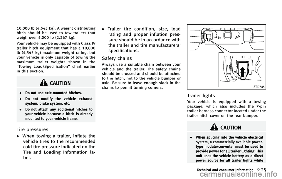INFINITI QX 2013 Owners Manual 10,000 lb (4,545 kg). A weight distributing
hitch should be used to tow trailers that
weigh over 5,000 lb (2,267 kg).
Your vehicle may be equipped with Class IV
trailer hitch equipment that has a 10,0 INFINITI QX 2013 Owners Manual 10,000 lb (4,545 kg). A weight distributing
hitch should be used to tow trailers that
weigh over 5,000 lb (2,267 kg).
Your vehicle may be equipped with Class IV
trailer hitch equipment that has a 10,0