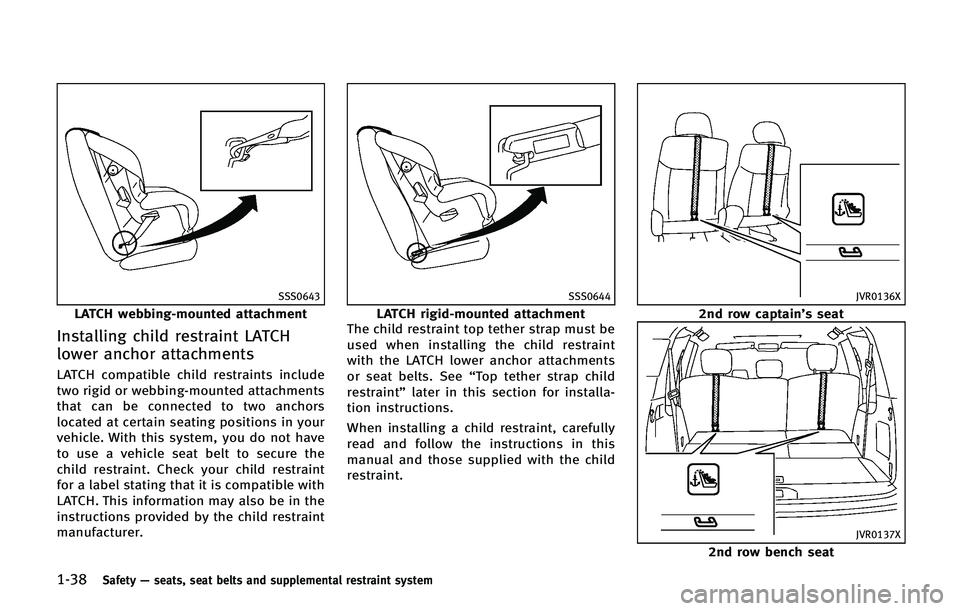 INFINITI QX 2013 Workshop Manual 1-38Safety—seats, seat belts and supplemental restraint system
SSS0643
LATCH webbing-mounted attachment
Installing child restraint LATCH
lower anchor attachments
LATCH compatible child restraints in INFINITI QX 2013 Workshop Manual 1-38Safety—seats, seat belts and supplemental restraint system
SSS0643
LATCH webbing-mounted attachment
Installing child restraint LATCH
lower anchor attachments
LATCH compatible child restraints in