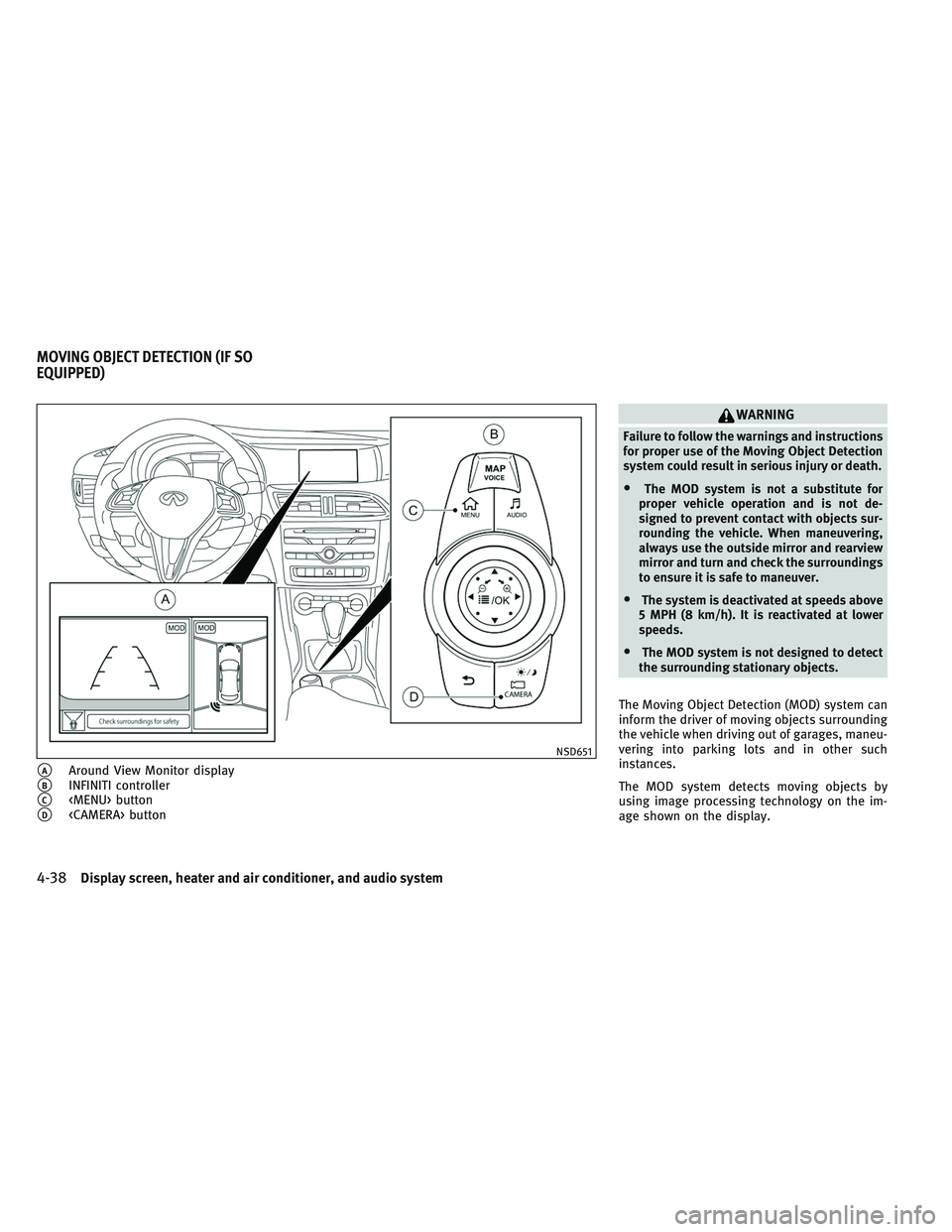INFINITI QX30 2017 Service Manual AAround View Monitor display
BINFINITI controller
C<MENU> button
D<CAMERA> button
WARNING
Failure to follow the warnings and instructions
for proper use of the Moving Object Detection
system could