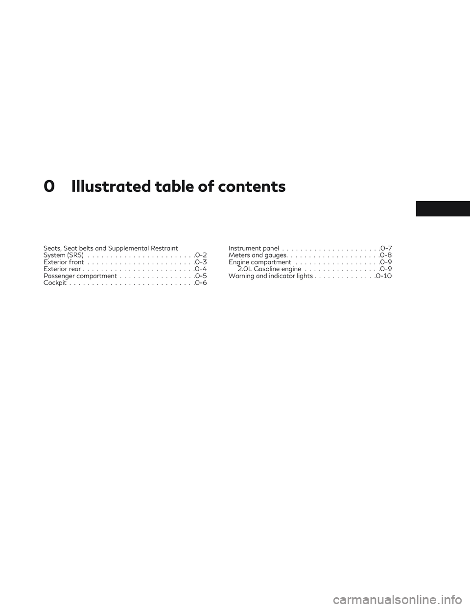 INFINITI QX30 2018  Owners Manual 0 Illustrated table of contents
Seats, Seat belts and Supplemental Restraint
System (SRS)....................... .0-2
Exterior front ....................... .0-3
Exterior rear ........................