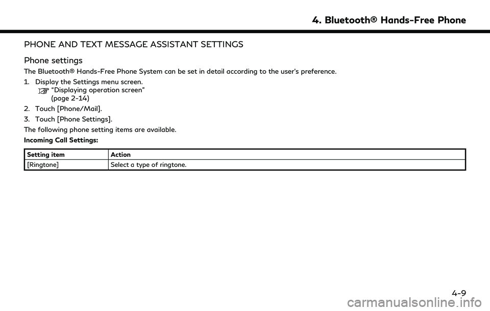 INFINITI QX30 2019 Manual Online PHONE AND TEXT MESSAGE ASSISTANT SETTINGS
Phone settings
The Bluetooth® Hands-Free Phone System can be set in detail according to the user’s preference.
1. Display the Settings menu screen.
“Disp INFINITI QX30 2019 Manual Online PHONE AND TEXT MESSAGE ASSISTANT SETTINGS
Phone settings
The Bluetooth® Hands-Free Phone System can be set in detail according to the user’s preference.
1. Display the Settings menu screen.
“Disp