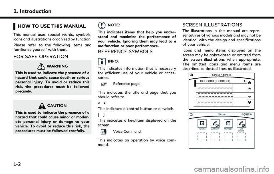 INFINITI QX30 2019  Owners Manual 1. Introduction
HOW TO USE THIS MANUAL
This manual uses special words, symbols,
icons and illustrations organized by function.
Please refer to the following items and
familiarize yourself with them.
F