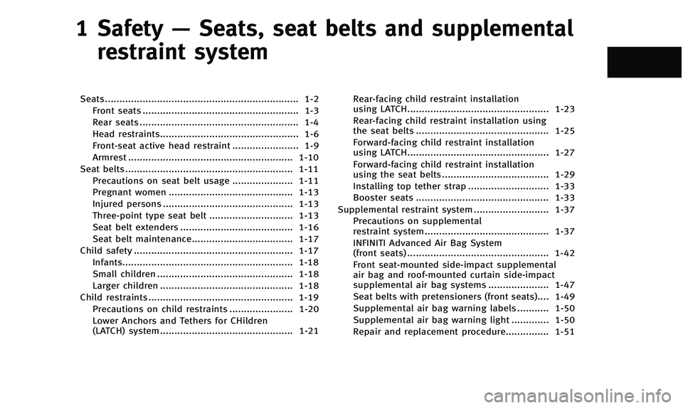 INFINITI QX50 2014 User Guide 1 Safety—Seats, seat belts and supplemental
restraint system
Seats................................................................... 1-2
Front seats ................................................ INFINITI QX50 2014 User Guide 1 Safety—Seats, seat belts and supplemental
restraint system
Seats................................................................... 1-2
Front seats ................................................