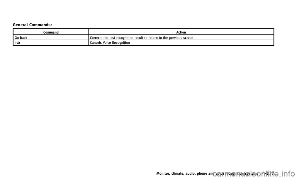 INFINITI QX50 2014  Owners Manual General Commands:
CommandAction
Go back Corrects the last recognition result to return to the previous screen
Exit Cancels Voice Recognition
Monitor, climate, audio, phone and voice recognition system