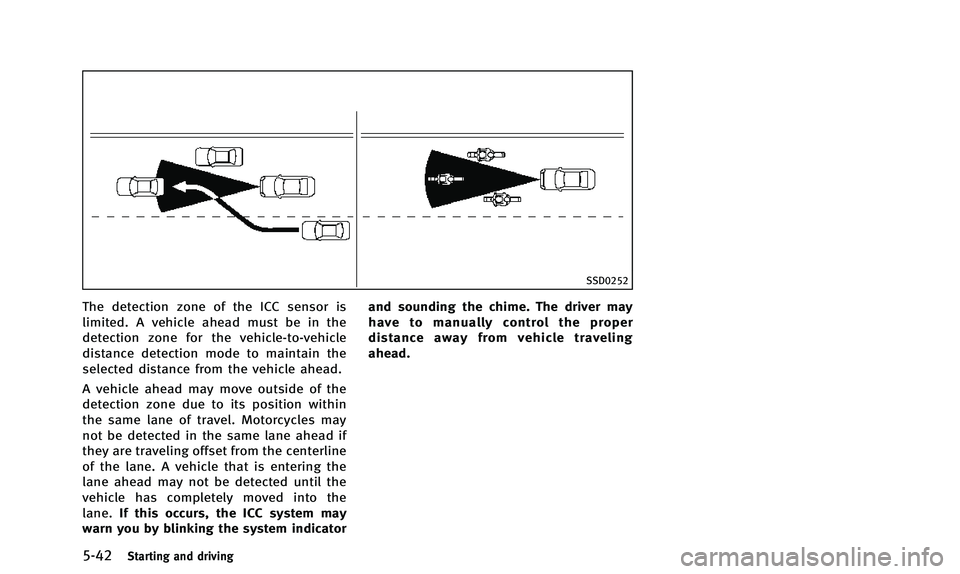 INFINITI QX50 2014 Owners Manual 5-42Starting and driving
SSD0252
The detection zone of the ICC sensor is
limited. A vehicle ahead must be in the
detection zone for the vehicle-to-vehicle
distance detection mode to maintain the
selec INFINITI QX50 2014 Owners Manual 5-42Starting and driving
SSD0252
The detection zone of the ICC sensor is
limited. A vehicle ahead must be in the
detection zone for the vehicle-to-vehicle
distance detection mode to maintain the
selec