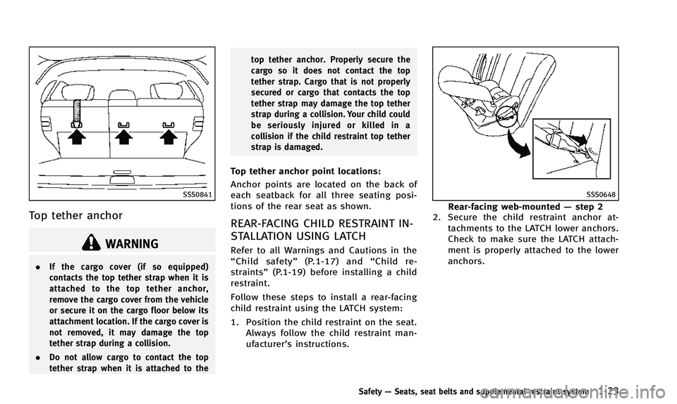 INFINITI QX50 2014 Service Manual SSS0841
Top tether anchor
WARNING
.If the cargo cover (if so equipped)
contacts the top tether strap when it is
attached to the top tether anchor,
remove the cargo cover from the vehicle
or secure it INFINITI QX50 2014 Service Manual SSS0841
Top tether anchor
WARNING
.If the cargo cover (if so equipped)
contacts the top tether strap when it is
attached to the top tether anchor,
remove the cargo cover from the vehicle
or secure it