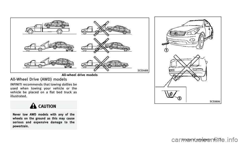 INFINITI QX50 2014 Owners Manual SCE0488
All-wheel drive models
All-Wheel Drive (AWD) models
INFINITI recommends that towing dollies be
used when towing your vehicle or the
vehicle be placed on a flat bed truck as
illustrated.
CAUTIO INFINITI QX50 2014 Owners Manual SCE0488
All-wheel drive models
All-Wheel Drive (AWD) models
INFINITI recommends that towing dollies be
used when towing your vehicle or the
vehicle be placed on a flat bed truck as
illustrated.
CAUTIO