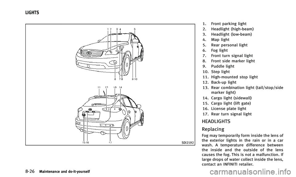 INFINITI QX50 2014  Owners Manual 8-26Maintenance and do-it-yourself
SDI2192
1. Front parking light
2. Headlight (high-beam)
3. Headlight (low-beam)
4. Map light
5. Rear personal light
6. Fog light
7. Front turn signal light
8. Front 