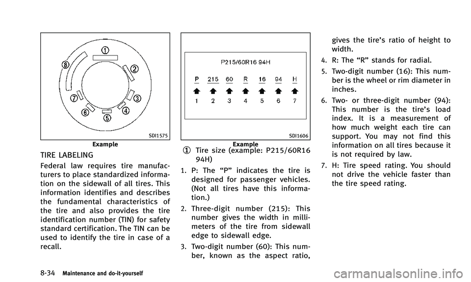 INFINITI QX50 2014 Owners Manual 8-34Maintenance and do-it-yourself
SDI1575
Example
TIRE LABELING
Federal law requires tire manufac-
turers to place standardized informa-
tion on the sidewall of all tires. This
information identifies INFINITI QX50 2014 Owners Manual 8-34Maintenance and do-it-yourself
SDI1575
Example
TIRE LABELING
Federal law requires tire manufac-
turers to place standardized informa-
tion on the sidewall of all tires. This
information identifies