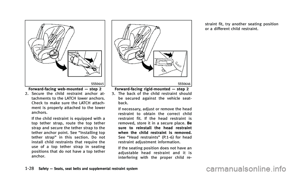 INFINITI QX50 2014 Service Manual 1-28Safety—Seats, seat belts and supplemental restraint system
SSS0645
Forward-facing web-mounted —step 2
2. Secure the child restraint anchor at-
tachments to the LATCH lower anchors.
Check to ma INFINITI QX50 2014 Service Manual 1-28Safety—Seats, seat belts and supplemental restraint system
SSS0645
Forward-facing web-mounted —step 2
2. Secure the child restraint anchor at-
tachments to the LATCH lower anchors.
Check to ma