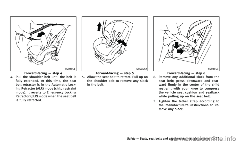 INFINITI QX50 2014 Service Manual SSS0651
Forward-facing—step 4
4. Pull the shoulder belt until the belt is
fully extended. At this time, the seat
belt retractor is in the Automatic Lock-
ing Retractor (ALR) mode (child restraint
mo INFINITI QX50 2014 Service Manual SSS0651
Forward-facing—step 4
4. Pull the shoulder belt until the belt is
fully extended. At this time, the seat
belt retractor is in the Automatic Lock-
ing Retractor (ALR) mode (child restraint
mo
