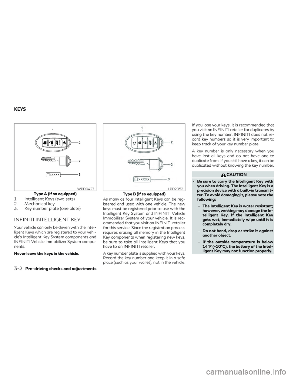 INFINITI QX50 2019  Owners Manual 1. Intelligent Keys (two sets)
2. Mechanical key
3. Key number plate (one plate)
INFINITI INTELLIGENT KEY
Your vehicle can only be driven with the Intel-
ligent Keys which are registered to your vehi-