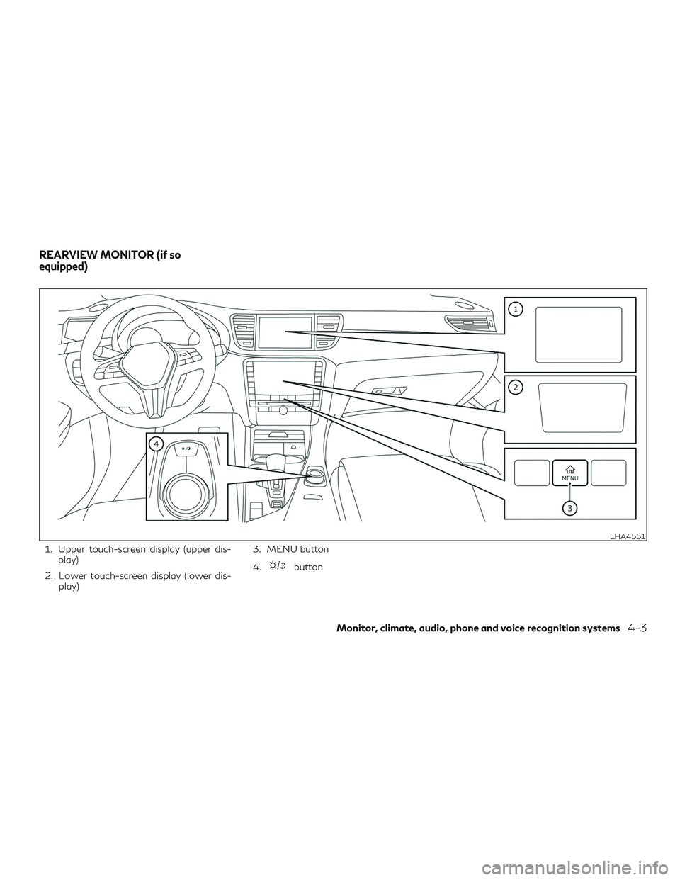 INFINITI QX50 2019 Service Manual 1. Upper touch-screen display (upper dis-play)
2. Lower touch-screen display (lower dis- play) 3. MENU button
4.
button
LHA4551
REARVIEW MONITOR (if so
equipped)
Monitor, climate, audio, phone and voi