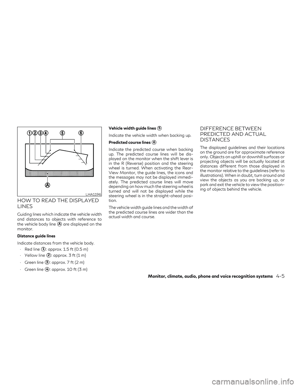 INFINITI QX50 2019 Service Manual HOW TO READ THE DISPLAYED
LINES
Guiding lines which indicate the vehicle width
and distances to objects with reference to
the vehicle body line
Aare displayed on the
monitor.
Distance guide lines
Ind