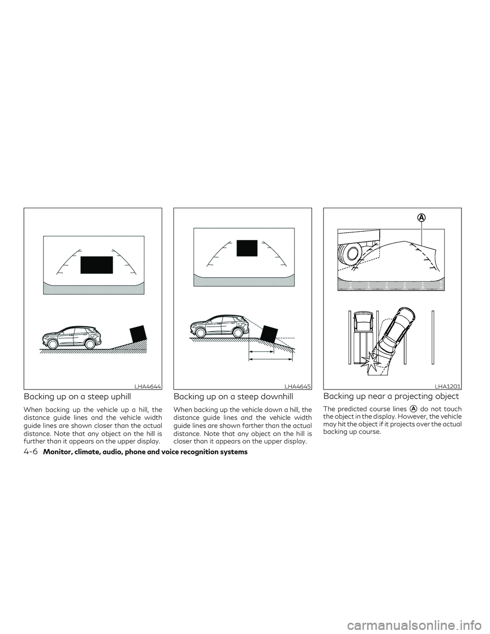 INFINITI QX50 2019 Service Manual Backing up on a steep uphill
When backing up the vehicle up a hill, the
distance guide lines and the vehicle width
guide lines are shown closer than the actual
distance. Note that any object on the hi