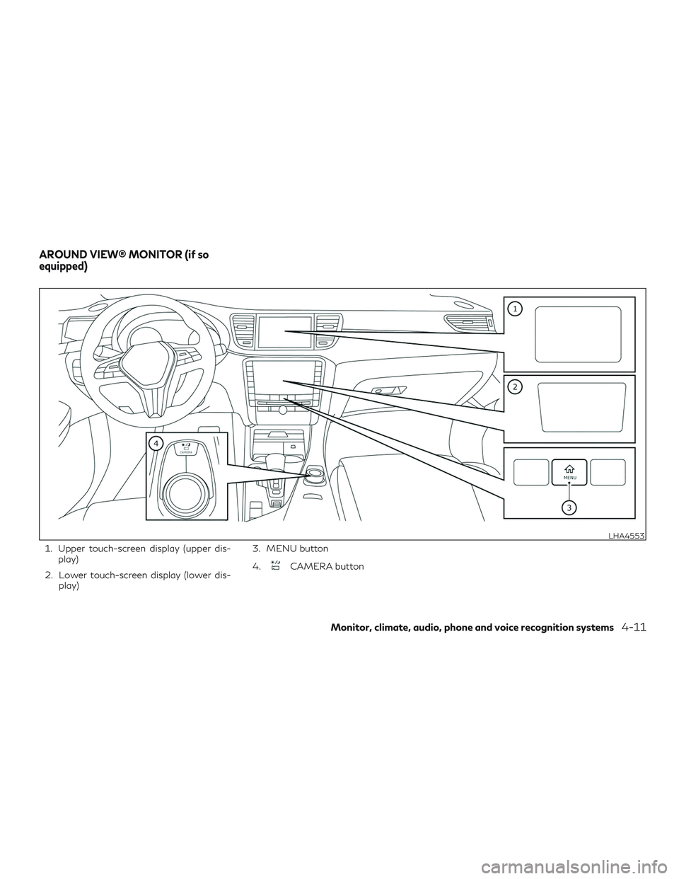INFINITI QX50 2019 Workshop Manual 1. Upper touch-screen display (upper dis-play)
2. Lower touch-screen display (lower dis- play) 3. MENU button
4.
CAMERA button
LHA4553
AROUND VIEW® MONITOR (if so
equipped)
Monitor, climate, audio, p