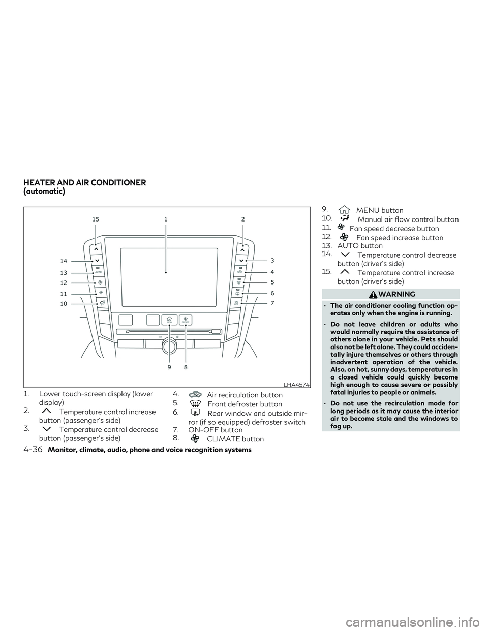 INFINITI QX50 2019 Manual PDF 1. Lower touch-screen display (lowerdisplay)
2.
Temperature control increase
button (passenger’s side)
3.
Temperature control decrease
button (passenger’s side) 4.
Air recirculation button
5.
Fron INFINITI QX50 2019 Manual PDF 1. Lower touch-screen display (lowerdisplay)
2.
Temperature control increase
button (passenger’s side)
3.
Temperature control decrease
button (passenger’s side) 4.
Air recirculation button
5.
Fron