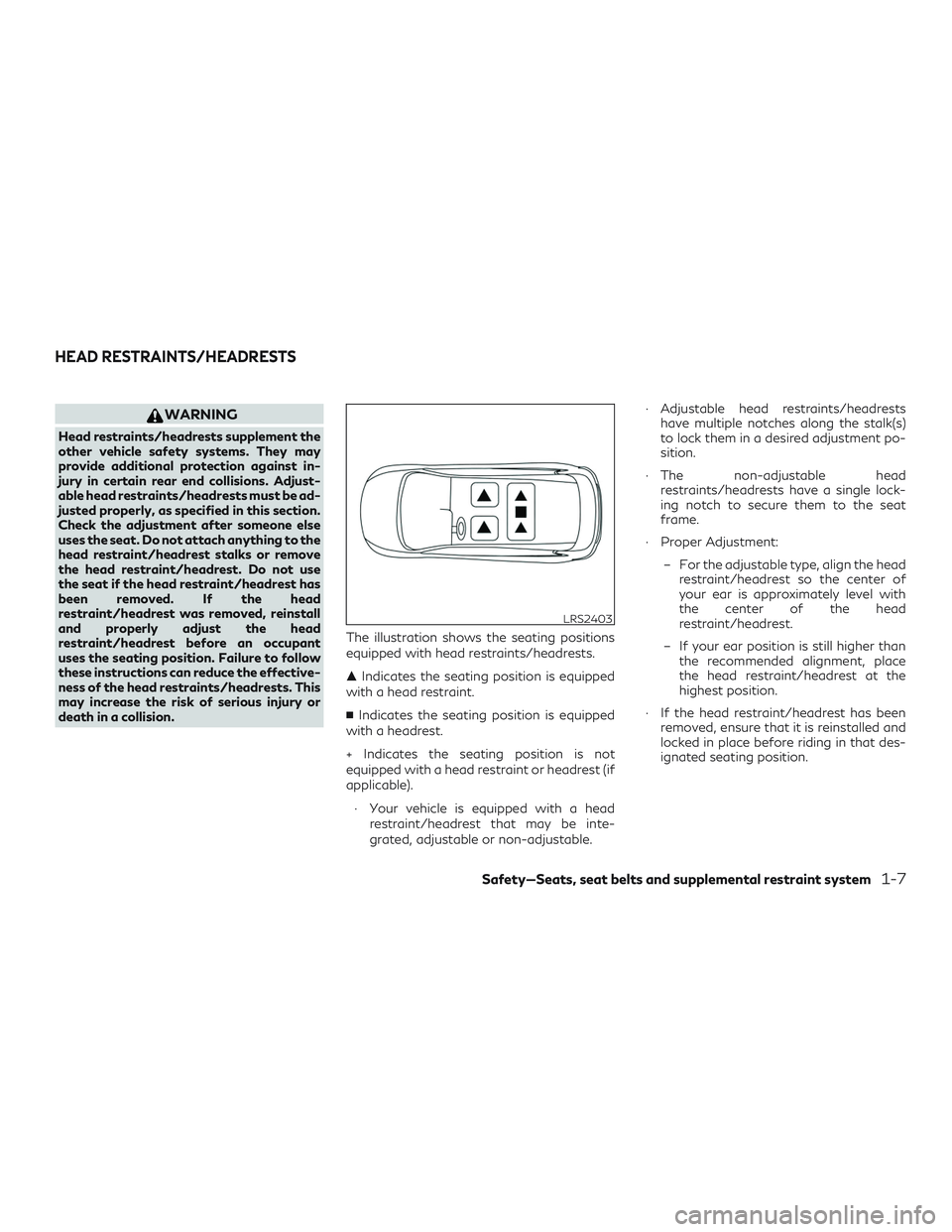 INFINITI QX50 2019  Owners Manual WARNING
Head restraints/headrests supplement the
other vehicle safety systems. They may
provide additional protection against in-
jury in certain rear end collisions. Adjust-
able head restraints/head