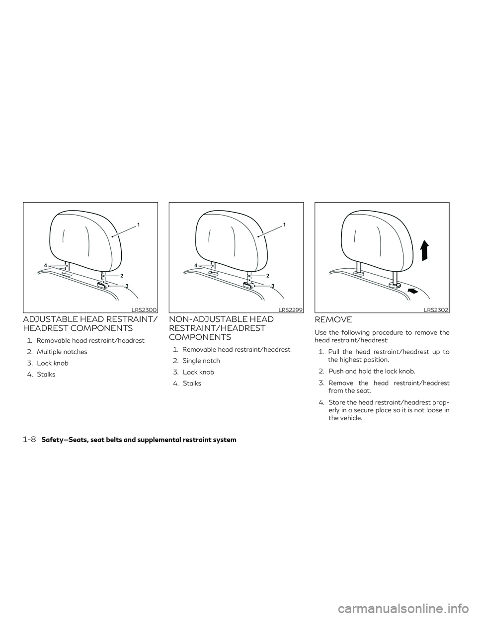 INFINITI QX50 2019  Owners Manual ADJUSTABLE HEAD RESTRAINT/
HEADREST COMPONENTS
1. Removable head restraint/headrest
2. Multiple notches
3. Lock knob
4. Stalks
NON-ADJUSTABLE HEAD
RESTRAINT/HEADREST
COMPONENTS
1. Removable head restr