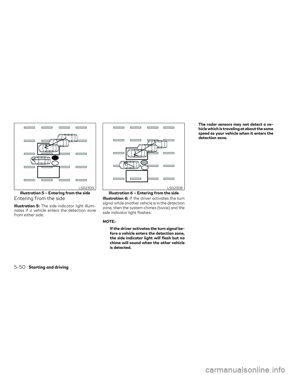 INFINITI QX50 2019 Owners Guide Entering from the side
Illustration 5:The side indicator light illumi-
nates if a vehicle enters the detection zone
from either side. Illustration 6:
If the driver activates the turn
signal while anot INFINITI QX50 2019 Owners Guide Entering from the side
Illustration 5:The side indicator light illumi-
nates if a vehicle enters the detection zone
from either side. Illustration 6:
If the driver activates the turn
signal while anot