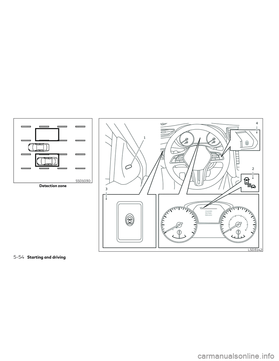 INFINITI QX50 2019 Owners Manual Detection zone
SSD1030
LSD3142
5-54Starting and driving INFINITI QX50 2019 Owners Manual Detection zone
SSD1030
LSD3142
5-54Starting and driving