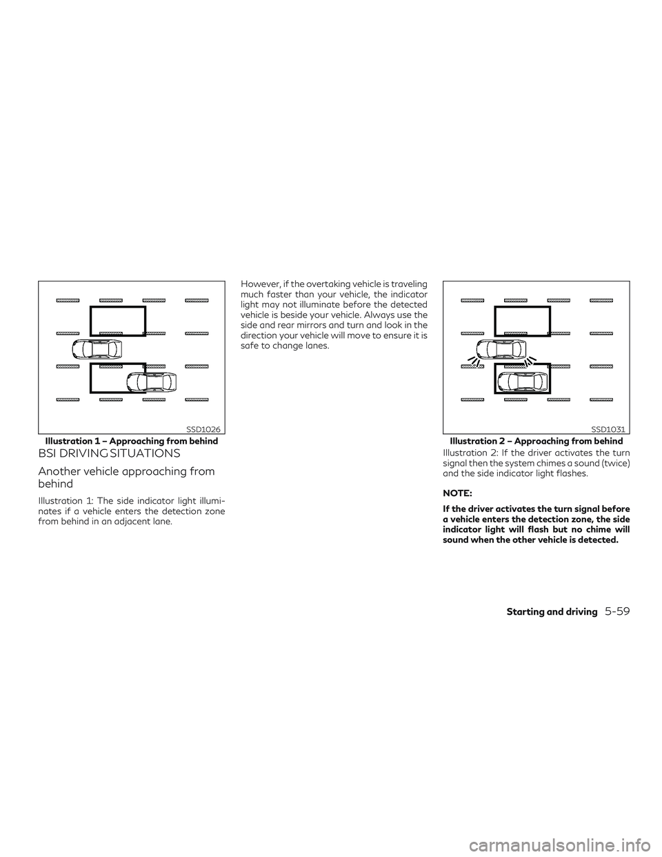 INFINITI QX50 2019 Owners Manual BSI DRIVING SITUATIONS
Another vehicle approaching from
behind
Illustration 1: The side indicator light illumi-
nates if a vehicle enters the detection zone
from behind in an adjacent lane.However, if INFINITI QX50 2019 Owners Manual BSI DRIVING SITUATIONS
Another vehicle approaching from
behind
Illustration 1: The side indicator light illumi-
nates if a vehicle enters the detection zone
from behind in an adjacent lane.However, if