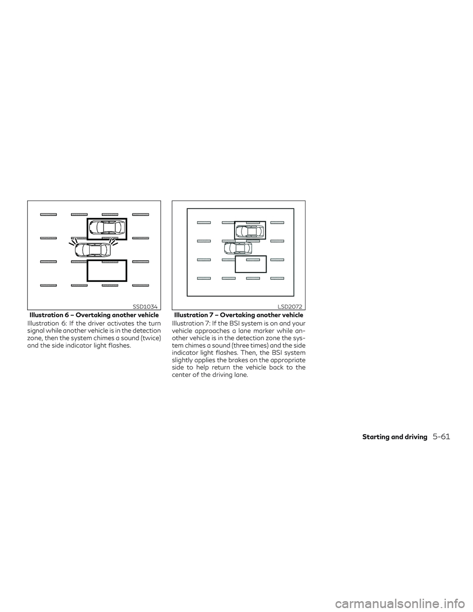 INFINITI QX50 2019 Owners Manual Illustration 6: If the driver activates the turn
signal while another vehicle is in the detection
zone, then the system chimes a sound (twice)
and the side indicator light flashes.Illustration 7: If t INFINITI QX50 2019 Owners Manual Illustration 6: If the driver activates the turn
signal while another vehicle is in the detection
zone, then the system chimes a sound (twice)
and the side indicator light flashes.Illustration 7: If t