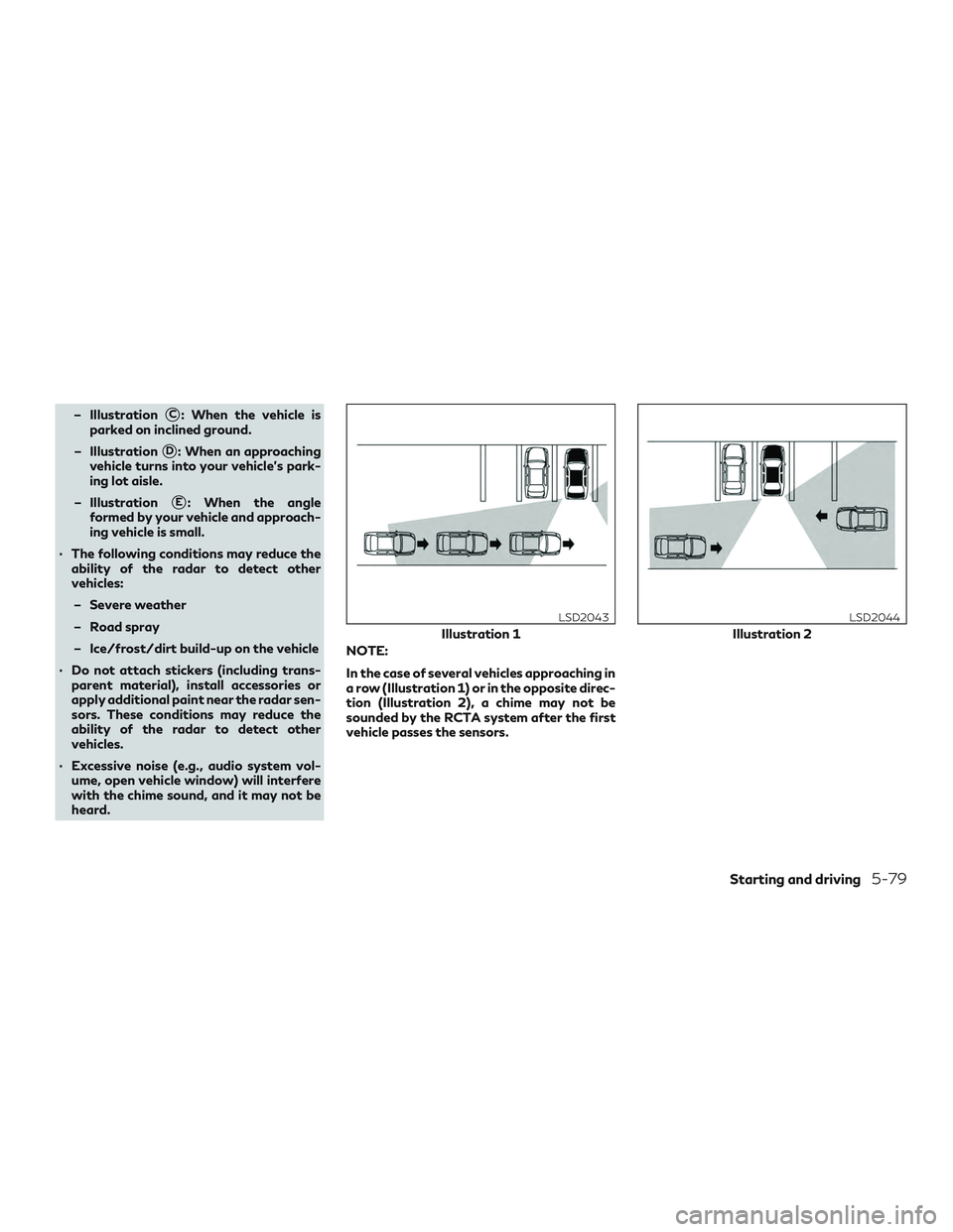 INFINITI QX50 2019 Workshop Manual – IllustrationC: When the vehicle is
parked on inclined ground.
– Illustration
D: When an approaching
vehicle turns into your vehicle’s park-
ing lot aisle.
– Illustration
E: When the angle