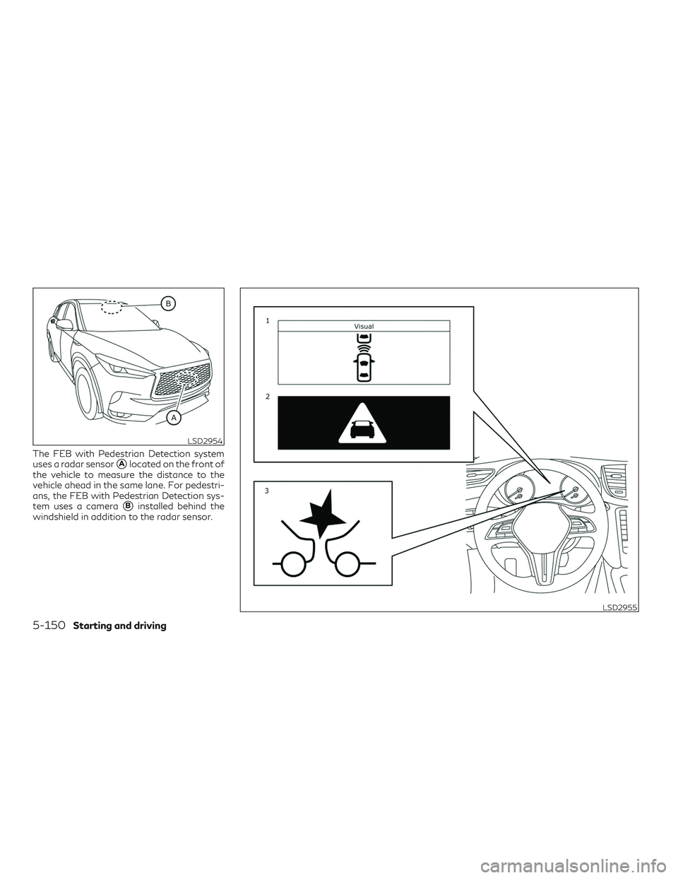INFINITI QX50 2019 Manual PDF The FEB with Pedestrian Detection system
uses a radar sensor
Alocated on the front of
the vehicle to measure the distance to the
vehicle ahead in the same lane. For pedestri-
ans, the FEB with Pedest