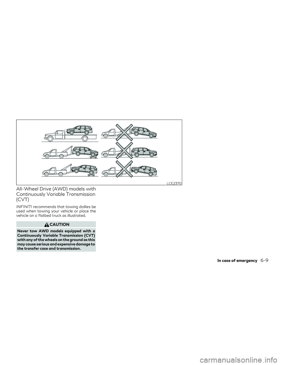 INFINITI QX50 2019 Service Manual All-Wheel Drive (AWD) models with
Continuously Variable Transmission
(CVT)
INFINITI recommends that towing dollies be
used when towing your vehicle or place the
vehicle on a flatbed truck as illustrat