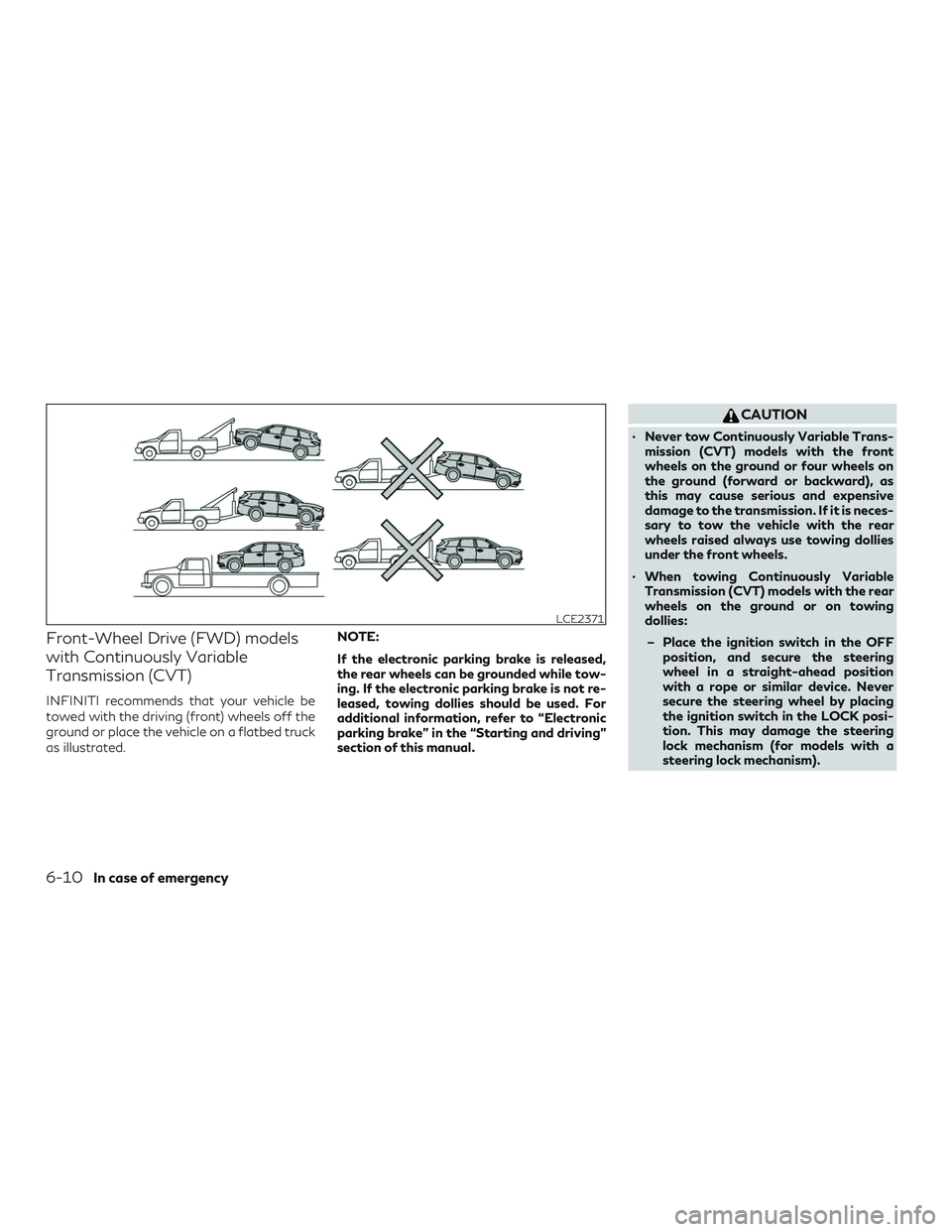 INFINITI QX50 2019 Service Manual Front-Wheel Drive (FWD) models
with Continuously Variable
Transmission (CVT)
INFINITI recommends that your vehicle be
towed with the driving (front) wheels off the
ground or place the vehicle on a fla