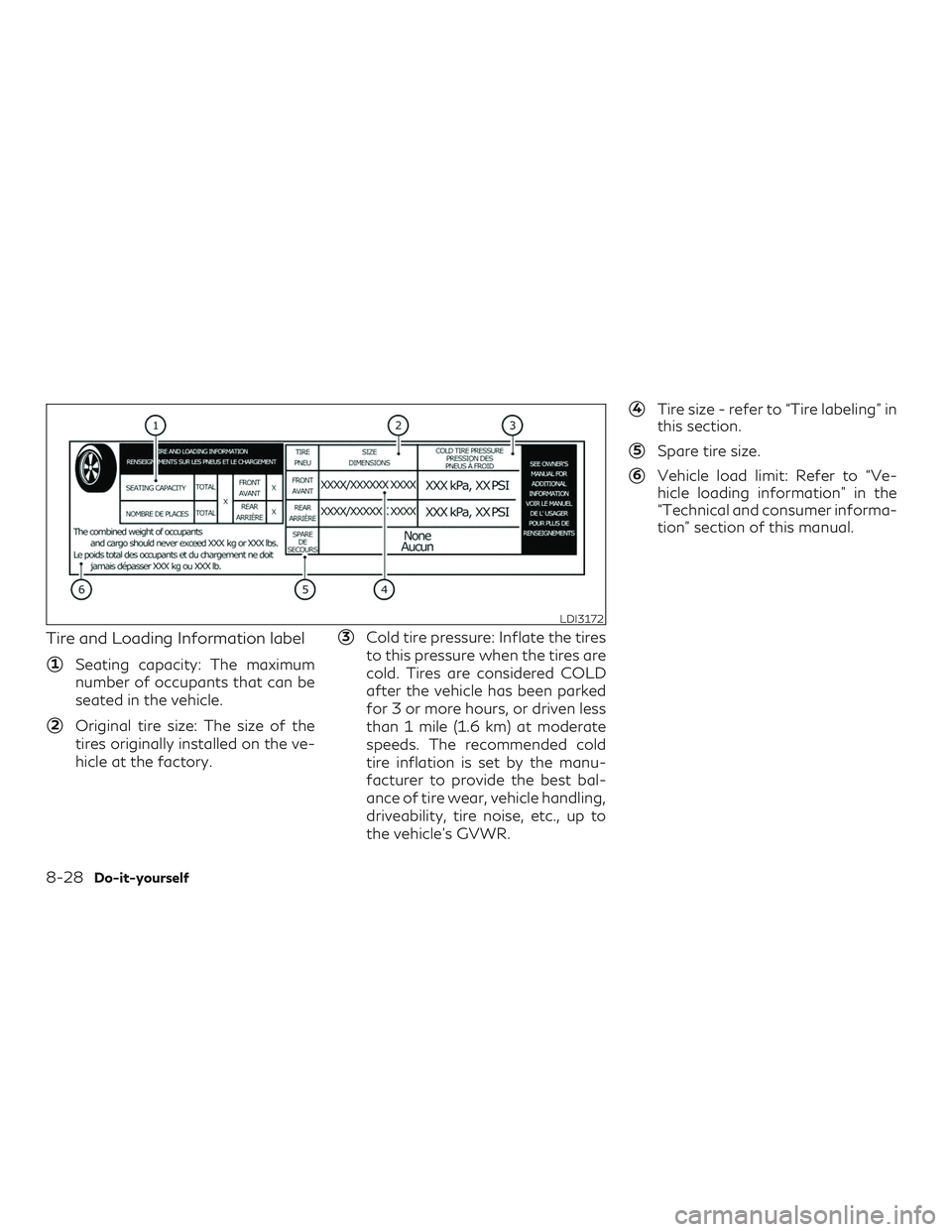 INFINITI QX50 2019 Manual PDF Tire and Loading Information label
1Seating capacity: The maximum
number of occupants that can be
seated in the vehicle.
2Original tire size: The size of the
tires originally installed on the ve-
hi