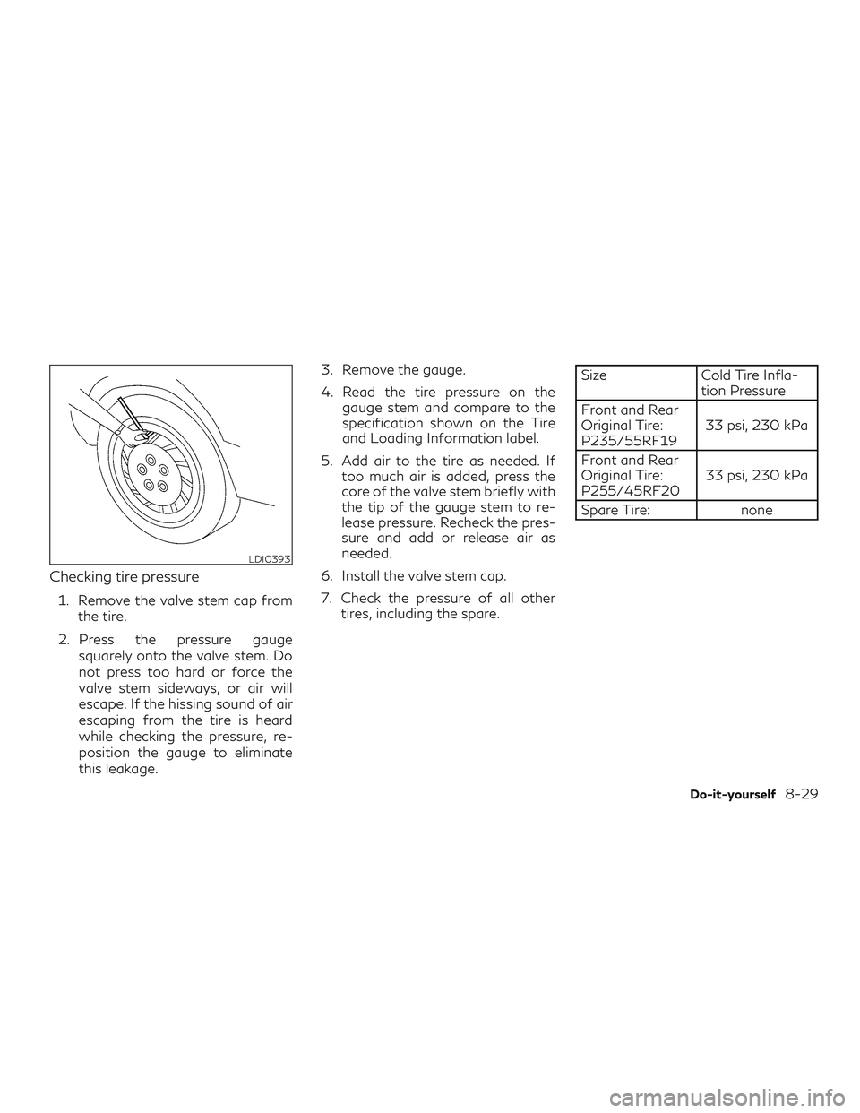 INFINITI QX50 2019  Owners Manual Checking tire pressure
1. Remove the valve stem cap fromthe tire.
2. Press the pressure gauge squarely onto the valve stem. Do
not press too hard or force the
valve stem sideways, or air will
escape. 