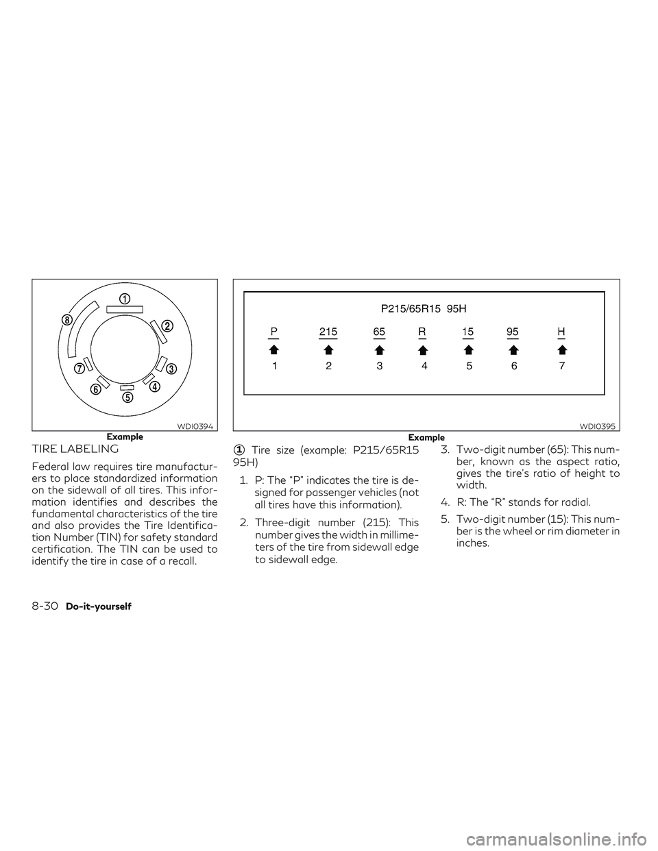 INFINITI QX50 2019 User Guide TIRE LABELING
Federal law requires tire manufactur-
ers to place standardized information
on the sidewall of all tires. This infor-
mation identifies and describes the
fundamental characteristics of t INFINITI QX50 2019 User Guide TIRE LABELING
Federal law requires tire manufactur-
ers to place standardized information
on the sidewall of all tires. This infor-
mation identifies and describes the
fundamental characteristics of t