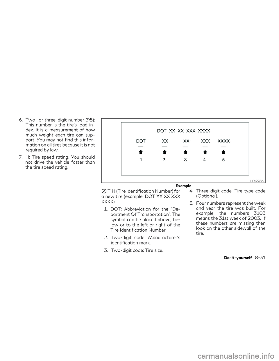 INFINITI QX50 2019  Owners Manual 6. Two- or three-digit number (95):This number is the tire’s load in-
dex. It is a measurement of how
much weight each tire can sup-
port. You may not find this infor-
mation on all tires because it